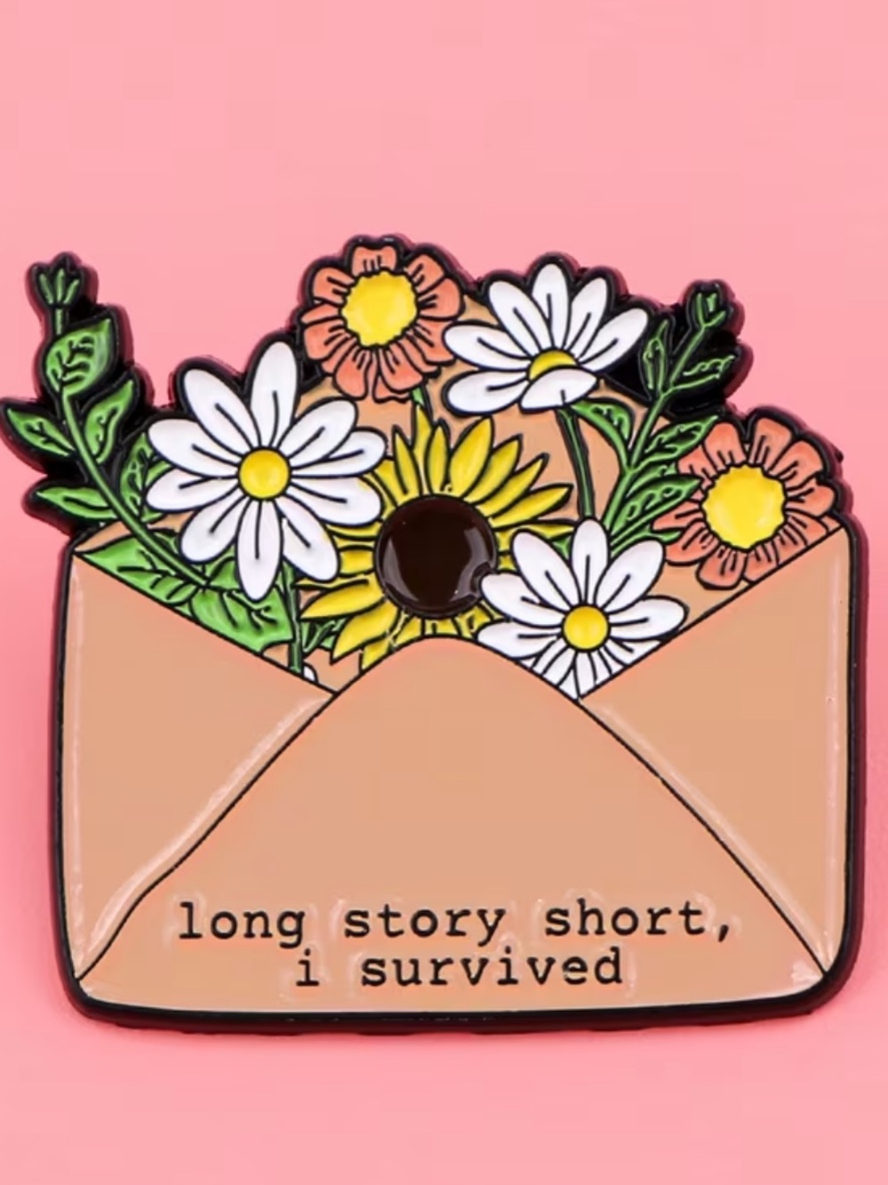 Floral Envelope Enamel Pin – 'Long Story Short, I Survived'